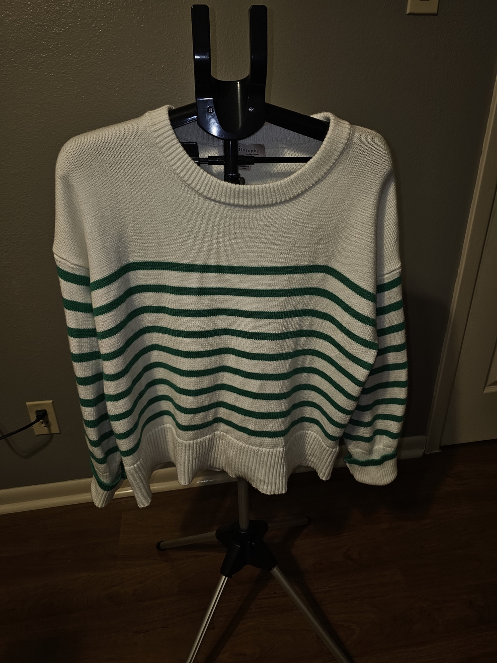 Philosophy White Crewneck Sweater with Green Stripes